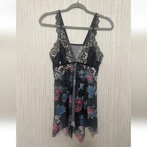 Women’s Size Medium Black Floral Babydoll Open Front Semi-sheer